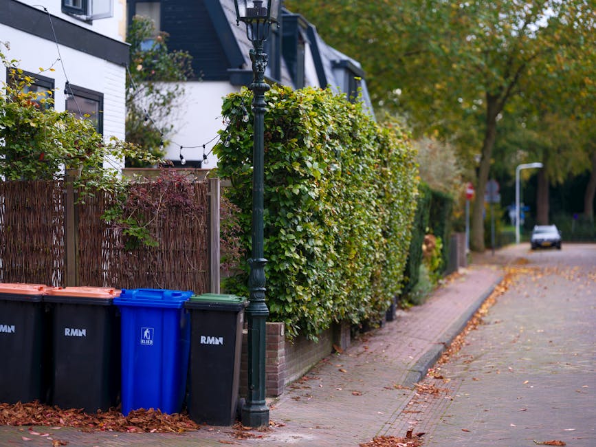 A row of four wheelie bins positioned along a residential street, with two black bins, one blue bin, and one green bin, all made of plastic with smooth surfaces and rounded lids, standing on a concrete pavement near a low brick wall. The black bins have the letters 'RMN' printed on their fronts, while the blue bin features a white recycling symbol. Nearby, a black metal street lamp with decorative elements and a glass-enclosed light fixture is visible. To the left of the bins, there's a brown wooden fence with horizontal slats, partially obscuring a white house with dark-framed windows and exterior lighting. The street setting includes fallen autumn leaves scattered across the pavement, with tall trees displaying green and yellow foliage in the background, indicating a quiet suburban area during the daytime. The scene suggests an environment where private waste collection, such as rubbish removal services, might be employed outside of local authority arrangements, emphasizing the context of independent waste disposal or on-site clearance.